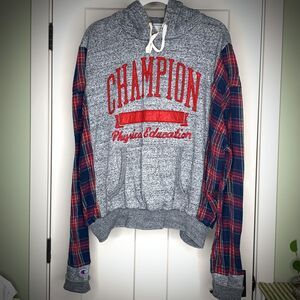 Upcycled Champion PE Hoodie with Flannel Sleeves Oversized Fit